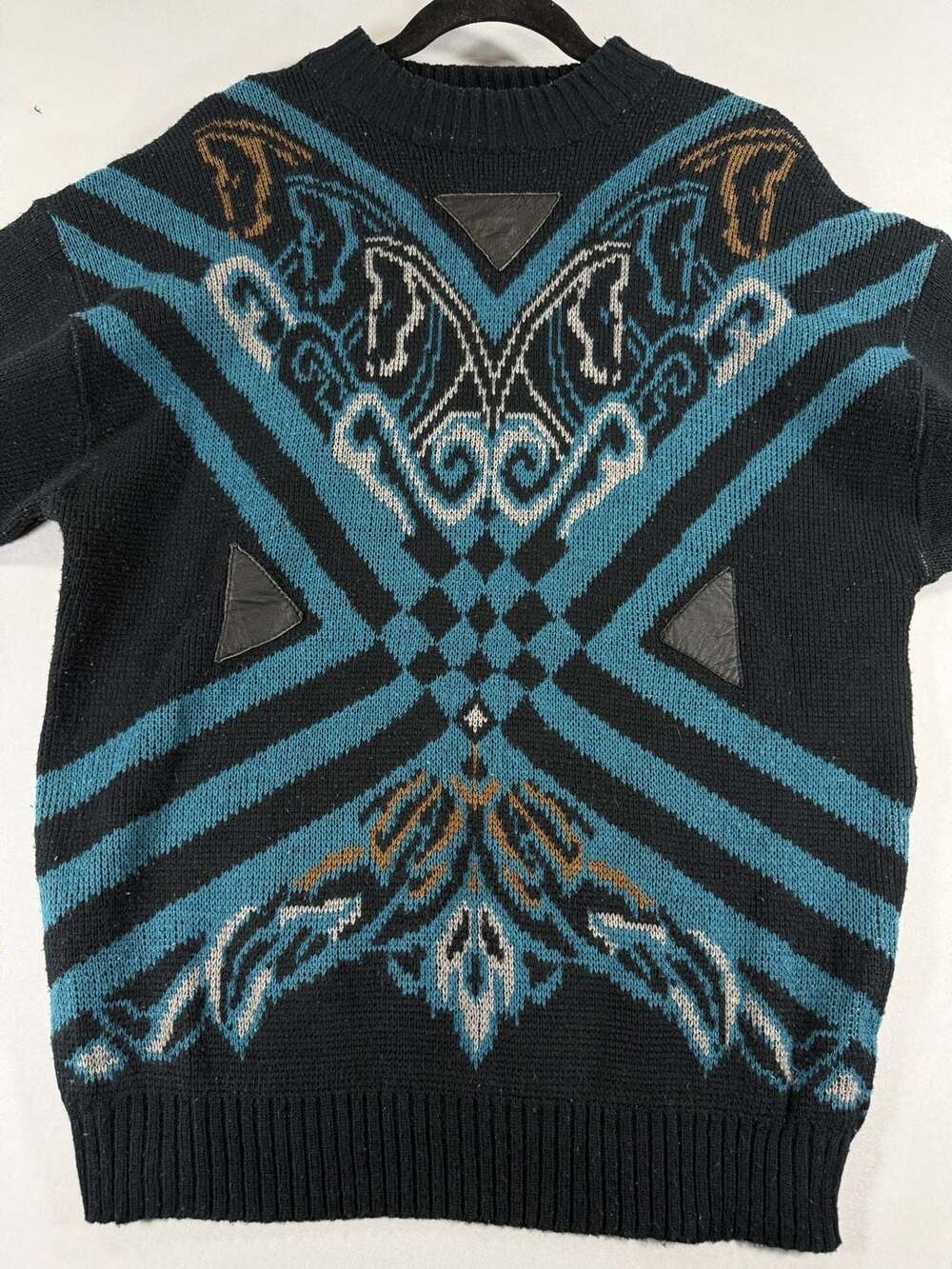 Vintage Gitano 80s 90s Black Geometric Pattern Knit Sweater with Leather Patches